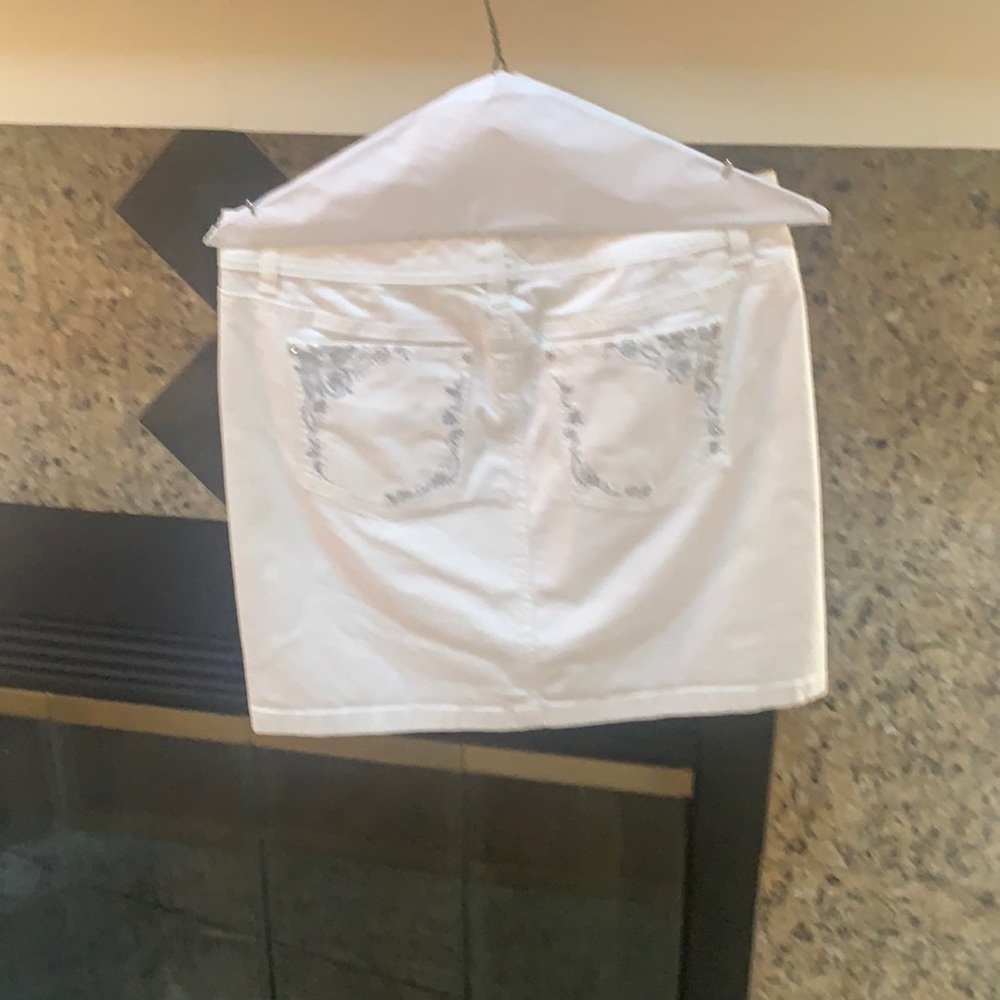 White House Black Market white mini jean skirt with silver threading